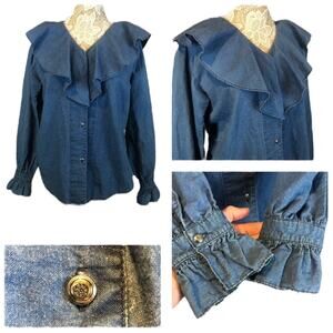 Vintage Victorian Y2K Denim ruffled shirt and cuffs size small